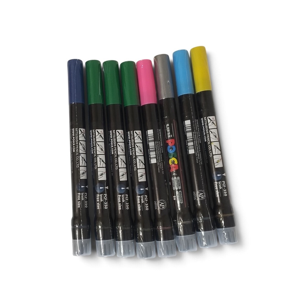 Uni Posca PCF-350 Brush Tip Paint Markers Set of 8 Assorted Colors New